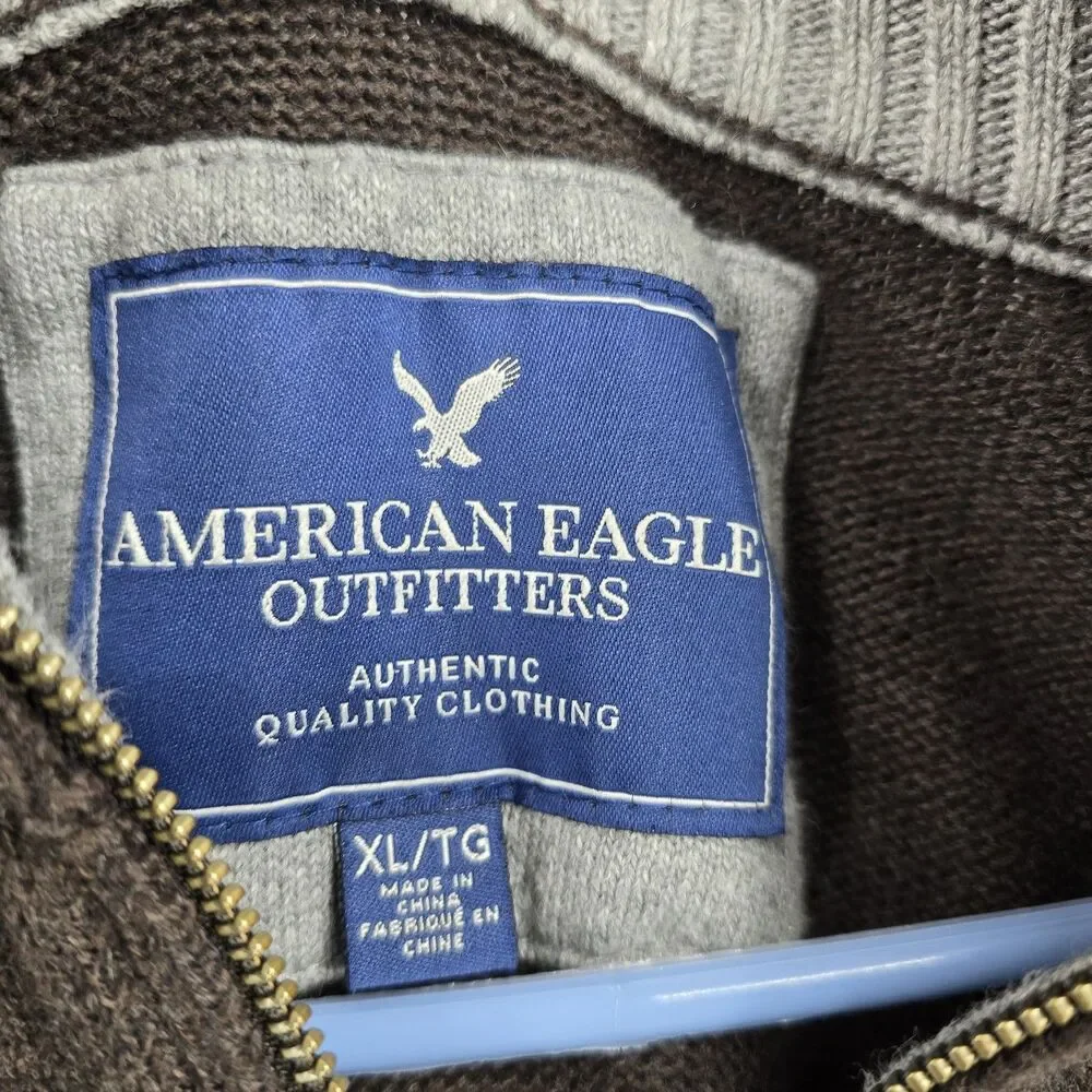 American Eagle Mens Heavy Knit LS 1/4 Zip Navy Stripe Sweater XL Preppy Academia